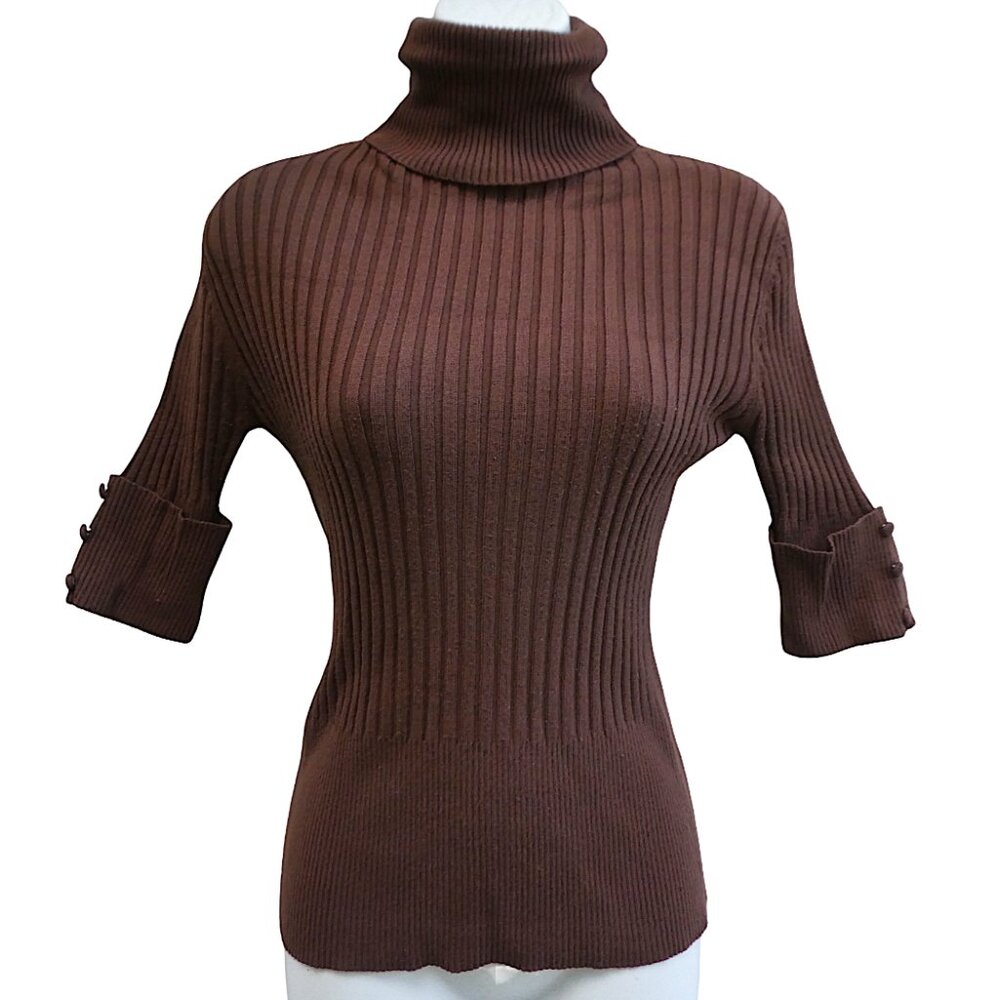 Vintage Bette Paige Brown Ribbed Knit Pullover Sweater Turtleneck Half Sleeves L